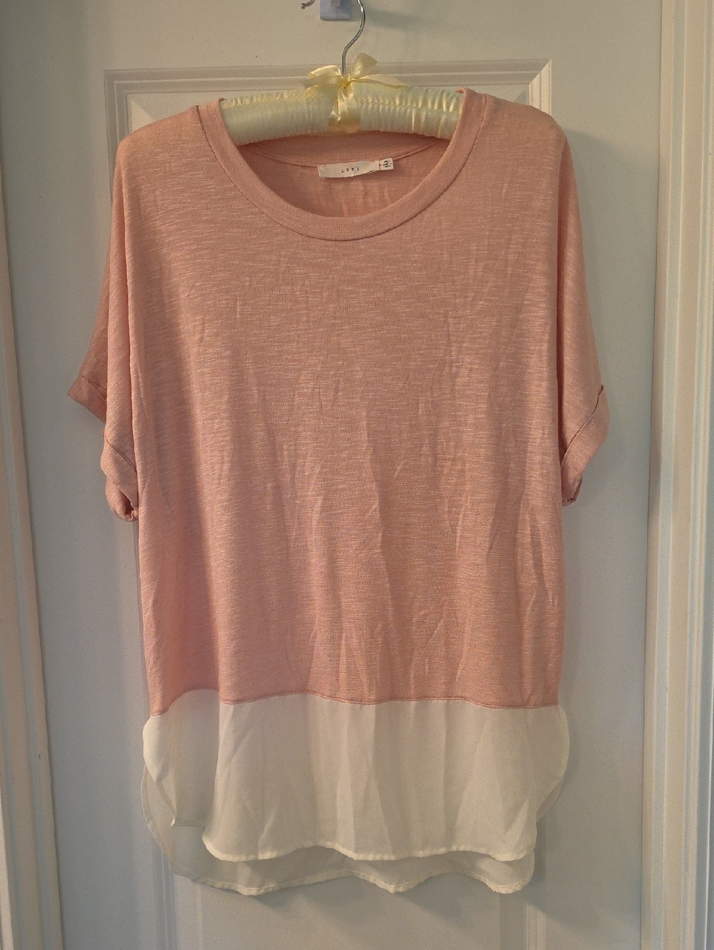 Lush Pink Short Sleeve Top with White Layered Hem